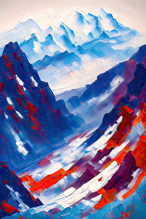 Contemporary Digital Oil Painting of Mountain Landscape in Artistic and Vibrant Colors, Generative AIの素材