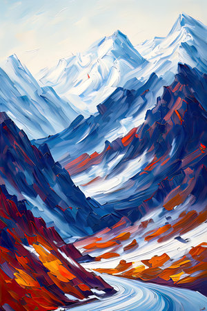 Contemporary Digital Oil Painting of Mountain Landscape in Artistic and Vibrant Colors, Generative AIの素材