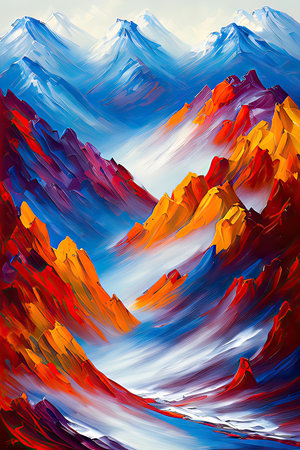 Contemporary Digital Oil Painting of Mountain Landscape in Artistic and Vibrant Colors, Generative AIの素材