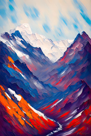 Contemporary Digital Oil Painting of Mountain Landscape in Artistic and Vibrant Colors, Generative AIの素材