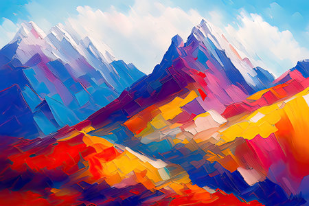 Contemporary Digital Oil Painting of Mountain Landscape in Artistic and Vibrant Colors, Generative AIの素材