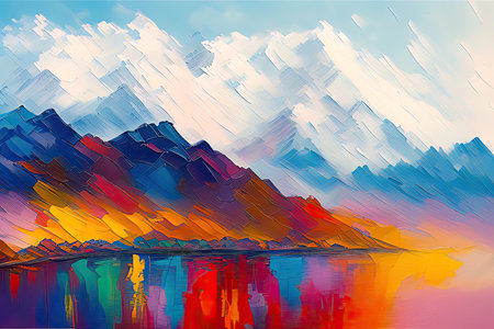 Contemporary Digital Oil Painting of Mountain Landscape in Artistic and Vibrant Colors, Generative AIの素材
