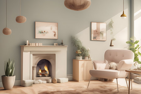 Wooden living room with magnificent fireplace and plants with stunning lightingの素材