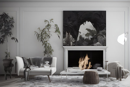 Wooden living room with magnificent fireplace and plants with stunning lightingの素材