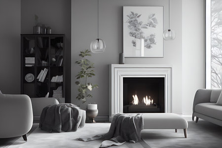 Wooden living room with magnificent fireplace and plants with stunning lightingの素材