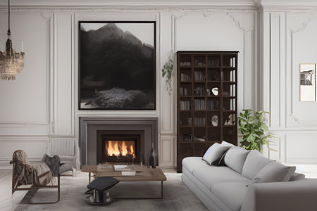 Wooden living room with magnificent fireplace and plants with stunning lightingの素材