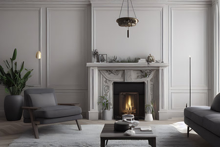 Wooden living room with magnificent fireplace and plants with stunning lightingの素材