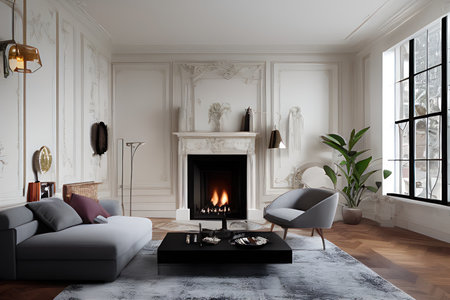 Wooden living room with magnificent fireplace and plants with stunning lightingの素材