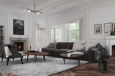 Wooden living room with magnificent fireplace and plants with stunning lightingの素材