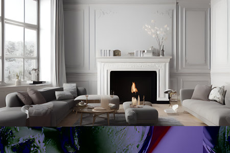 Wooden living room with magnificent fireplace and plants with stunning lightingの素材