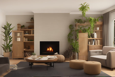 Wooden living room with magnificent fireplace and plants with stunning lightingの素材