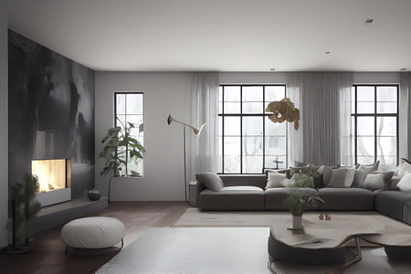 Wooden living room with magnificent fireplace and plants with stunning lightingの素材