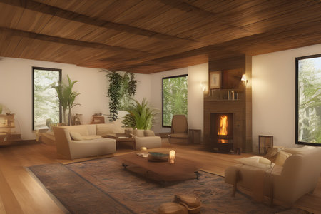 Wooden living room with magnificent fireplace and plants with stunning lightingの素材