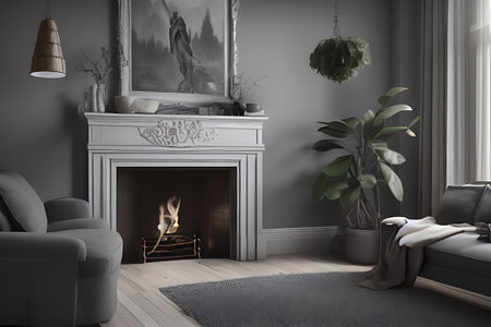 Wooden living room with magnificent fireplace and plants with stunning lightingの素材