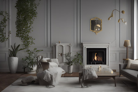 Wooden living room with magnificent fireplace and plants with stunning lightingの素材
