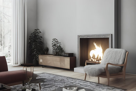 Wooden living room with magnificent fireplace and plants with stunning lightingの素材