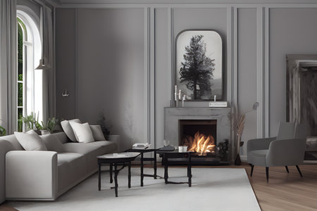 Wooden living room with magnificent fireplace and plants with stunning lightingの素材