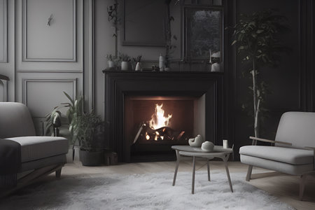 Wooden living room with magnificent fireplace and plants with stunning lightingの素材