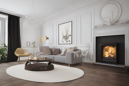 Wooden living room with magnificent fireplace and plants with stunning lightingの素材