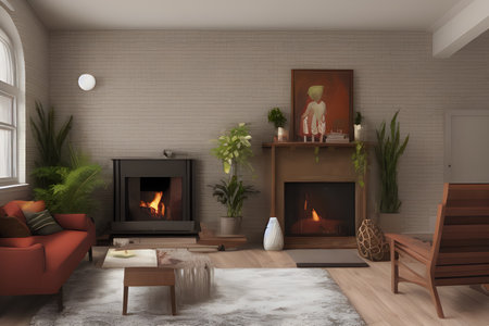 Wooden living room with magnificent fireplace and plants with stunning lightingの素材
