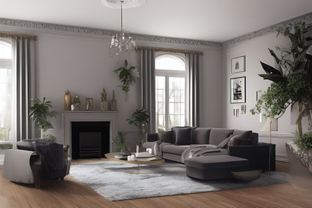 Wooden living room with magnificent fireplace and plants with stunning lightingの素材