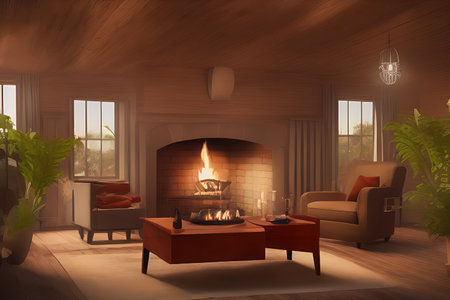 Wooden living room with magnificent fireplace and plants with stunning lightingの素材