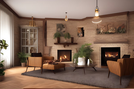 Wooden living room with magnificent fireplace and plants with stunning lightingの素材