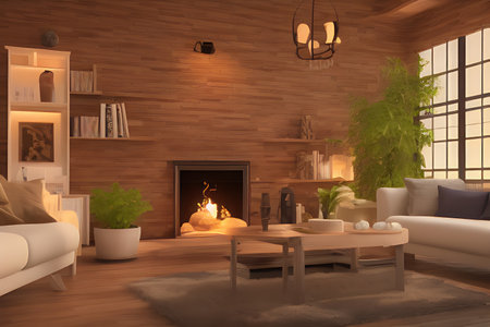Wooden living room with magnificent fireplace and plants with stunning lightingの素材