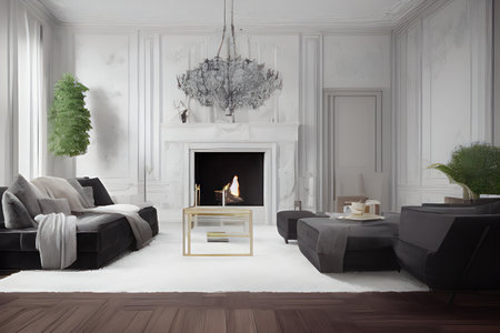 Wooden living room with magnificent fireplace and plants with stunning lightingの素材
