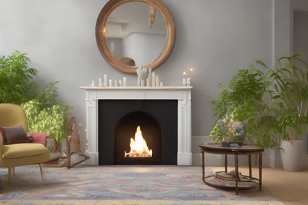 Wooden living room with magnificent fireplace and plants with stunning lightingの素材