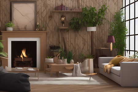 Wooden living room with magnificent fireplace and plants with stunning lightingの素材
