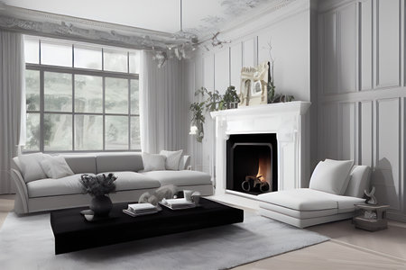 Wooden living room with magnificent fireplace and plants with stunning lightingの素材