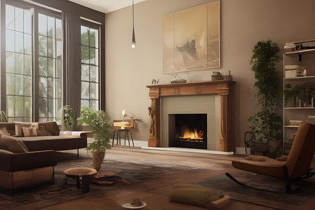Wooden living room with magnificent fireplace and plants with stunning lightingの素材