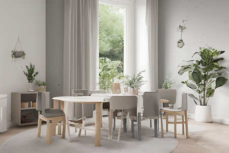 Modern Clean Contemporary Grey White Kitchen, Wooden Dining Table with Big Window and Herringbone Parquet Floorの素材