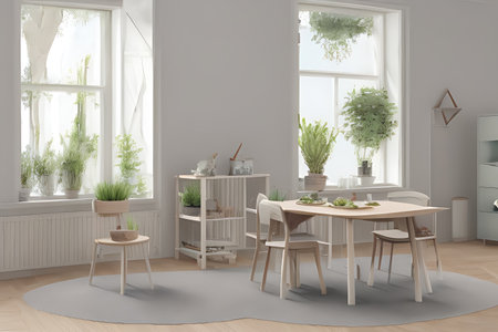 Modern Clean Contemporary Grey White Kitchen, Wooden Dining Table with Big Window and Herringbone Parquet Floorの素材