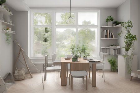 Modern Clean Contemporary Grey White Kitchen, Wooden Dining Table with Big Window and Herringbone Parquet Floorの素材