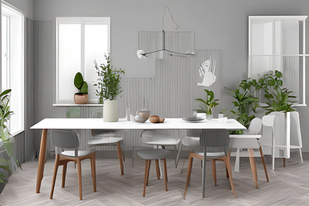 Modern Clean Contemporary Grey White Kitchen, Wooden Dining Table with Big Window and Herringbone Parquet Floorの素材