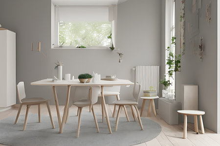 Modern Clean Contemporary Grey White Kitchen, Wooden Dining Table with Big Window and Herringbone Parquet Floorの素材