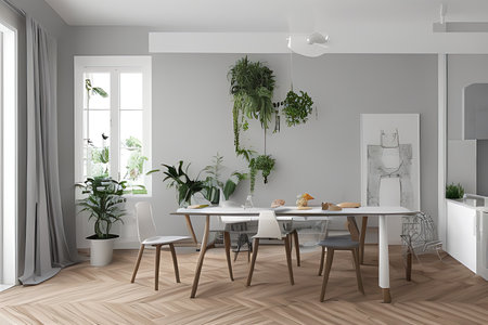 Modern Clean Contemporary Grey White Kitchen, Wooden Dining Table with Big Window and Herringbone Parquet Floorの素材