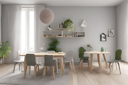 Modern Clean Contemporary Grey White Kitchen, Wooden Dining Table with Big Window and Herringbone Parquet Floorの素材