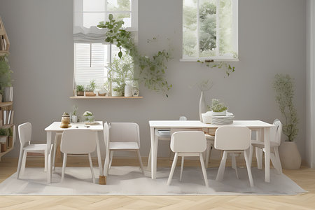 Modern Clean Contemporary Grey White Kitchen, Wooden Dining Table with Big Window and Herringbone Parquet Floorの素材
