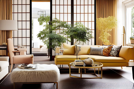 Architectural Digest photo of a Japanese and Scandinavian design style living room with golden lightの素材