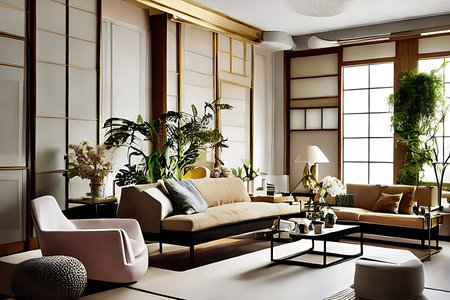 Architectural Digest photo of a Japanese and Scandinavian design style living room with golden lightの素材