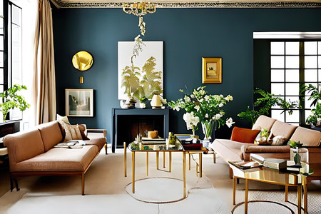 Architectural Digest photo of a Japanese and Scandinavian design style living room with golden lightの素材