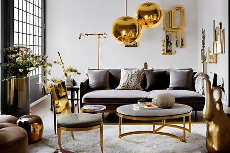 Architectural Digest photo of a Japanese and Scandinavian design style living room with golden lightの素材