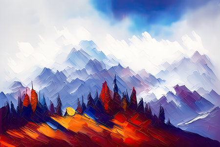 Contemporary Digital Oil Painting of Mountain Landscape in Artistic and Vibrant Colors, Generative AIの素材