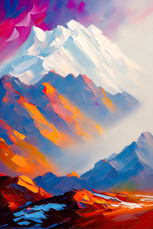 Contemporary Digital Oil Painting of Mountain Landscape in Artistic and Vibrant Colors, Generative AIの素材