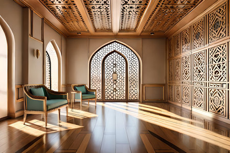 Arabic, Islamic style interior. Rattan chair, table and arabic pattern in window with shadow. pastel color wallの素材
