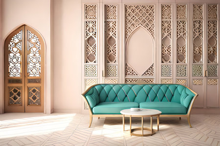 Arabic, Islamic style interior. Rattan chair, table and arabic pattern in window with shadow. pastel color wallの素材