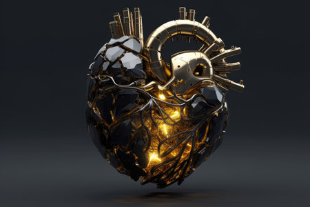 3d illustration of Human Heart made of black onyx, golden highlights AI Generatedの素材